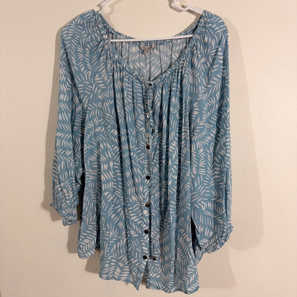 Nic+Zoe Blouse Womens XXL Blue White Boho Coastal Leaf Print Top